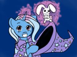 Size: 2281x1679 | Tagged: safe, artist:aude-okami, trixie, rabbit, g4, bunny out of the hat, glowing horn, hat, hoof hold, horn, magic, magic trick, telekinesis, trixie's cape, trixie's hat