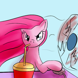 Size: 512x512 | Tagged: source needed, safe, artist:snus-kun, pinkie pie, g4, drink, fan, female, pinkamena diane pie, solo