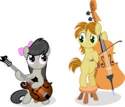 Size: 6997x6020 | Tagged: safe, artist:agamnentzar, mandopony, octavia melody, earth pony, pony, g4, absurd resolution, bow (instrument), cello, cello bow, colt, duo, duo male and female, female, filly, hair bow, male, mandolin, musical instrument, ponified, simple background, transparent background, younger