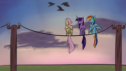 Size: 1920x1080 | Tagged: safe, artist:nos-talgia, fluttershy, rainbow dash, twilight sparkle, alicorn, bird, pegasus, pony, g4, behaving like a bird, cloud, cloudy, ear fluff, female, floppy ears, looking up, mare, no catchlights, no pupils, pole, power line, sitting, sky, smiling, spread wings, sunset, telephone pole, twilight sparkle (alicorn), wallpaper, wing fluff, wires