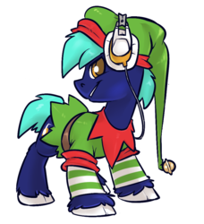 Size: 840x920 | Tagged: safe, artist:atryl, oc, oc only, oc:hoof beatz, earth pony, pony, bronycon mascots, clothes, costume, elf hat, hat, headphones, solo