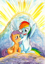Size: 1649x2333 | Tagged: safe, artist:souleatersaku90, rainbow dash, scootaloo, g4, crying, request, traditional art, watercolor painting