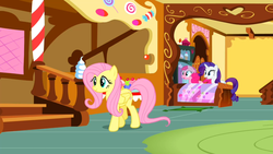 Size: 960x540 | Tagged: safe, screencap, fluttershy, pinkie pie, rarity, g4, putting your hoof down, confused, cute, dem feels, female, hat, mare, new fluttershy, punch (drink), punch bowl, shocked, smiling, sugarcube corner, xp