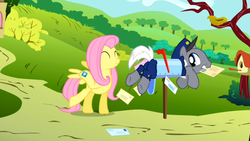 Size: 960x540 | Tagged: safe, screencap, fluttershy, mr. zippy, pegasus, pony, g4, putting your hoof down, butt, female, mailpony, male, mare, mouth hold, plot, stallion, stamp