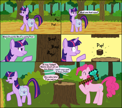 Size: 1692x1502 | Tagged: safe, artist:poniker, pinkie pie, twilight sparkle, earth pony, pony, unicorn, g4, axe, bag, comic, diamond axe, duo, female, mare, minecraft, saddle bag, tree, unicorn twilight