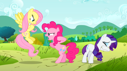 Size: 960x540 | Tagged: safe, screencap, fluttershy, pinkie pie, rarity, earth pony, pegasus, pony, unicorn, g4, putting your hoof down, season 2, angry, bipedal, crossed hooves, crying, eye contact, eyes closed, eyeshadow, female, flutterbitch, flying, glare, horn, insulted, looking at each other, looking at someone, makeup, mare, meme, open mouth, outdoors, pink mane, pink tail, raised hoof, shadow, spread wings, standing, tail, trio, trio female