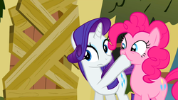 Size: 960x540 | Tagged: safe, screencap, pinkie pie, rarity, g4, putting your hoof down, hoof in mouth