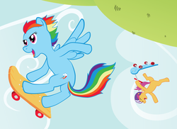 Size: 3300x2400 | Tagged: safe, artist:poniker, rainbow dash, scootaloo, g4, scooter, skateboard