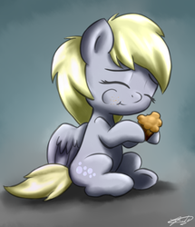 Size: 730x850 | Tagged: safe, artist:zortail, derpy hooves, pegasus, pony, g4, eating, female, mare, muffin, solo