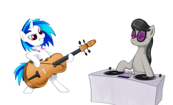 Size: 4200x2550 | Tagged: safe, artist:poniker, dj pon-3, octavia melody, vinyl scratch, g4, accessory swap