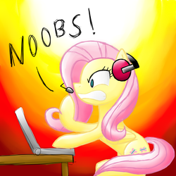 Size: 1000x1000 | Tagged: safe, artist:cyberfire22, fluttershy, pegasus, pony, g4, computer, female, gamershy, gaming, headset, mare, noob, solo