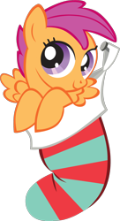 Size: 1082x1996 | Tagged: safe, scootaloo, pegasus, pony, g4, official, christmas, christmas stocking, cute, cutealoo, female, filly, foal, looking to the left, solo, spread wings, stock vector, wings