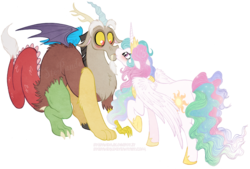 Size: 1088x737 | Tagged: safe, artist:stepandy, discord, princess celestia, alicorn, draconequus, pony, g4, blushing, eye contact, female, floppy ears, fluffy, frown, kiss on the lips, kissing, male, mare, messy mane, raised hoof, ship:dislestia, shipping, simple background, smiling, straight, surprise kiss, surprised, transparent background, vector, wide eyes