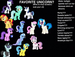 Size: 1024x768 | Tagged: safe, amethyst star, dj pon-3, lemon hearts, lyra heartstrings, minuette, neon lights, rarity, rising star, shining armor, sparkler, sunset shimmer, sweetie belle, trixie, twinkleshine, vinyl scratch, pony, unicorn, g4, :p, favorite pony, sunglasses, text, tongue out