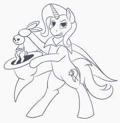 Size: 995x1024 | Tagged: safe, artist:tlatophat, angel bunny, trixie, pony, g4, bipedal, hat, monochrome, trixie's cape, trixie's hat