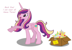 Size: 900x628 | Tagged: dead source, safe, artist:yashmon, princess cadance, alicorn, pony, g4, angry, box, cadance loves tiaras, female, glare, missing accessory, open mouth, pointing, simple background, solo, tiara, transparent background