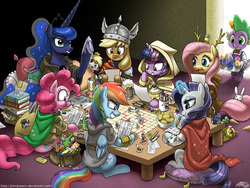 Size: 1700x1275 | Tagged: safe, artist:johnjoseco, angel bunny, applejack, derpy hooves, discord, dj pon-3, fluttershy, gilda, gummy, iron will, lyra heartstrings, octavia melody, peewee, pinkie pie, princess celestia, princess luna, rainbow dash, rarity, spike, sunshower raindrops, trixie, twilight sparkle, vinyl scratch, wild fire, zecora, alicorn, alligator, crab pony, dragon, duck, earth pony, griffon, monster pony, octopony, original species, pegasus, phoenix, pig pony, pony, rabbit, unicorn, zebra, g4, :t, adventuring party, alternate hairstyle, antlers, apron, aura, bard, board game, book, born to x, bowl, bowtie, candy, cape, carrot, cider, cloak, clothes, cookie, cosplay, costume, cup, cupcake, cute, derpabetes, dice, druid, dungeons and dragons, eating, fantasy class, female, flutterdruid, food, grin, helmet, hilarious in hindsight, hooded cape, jewelmancer, juice box, larp, levitation, lidded eyes, lip bite, lollipop, lute, magic, male, mane seven, mane six, mare, meme, mug, musical instrument, octaviapus, pillow, playing, ponytail, raised hoof, robe, rogue, roleplaying, rpg, scrunchie, scrunchy face, seapony lyra, smiling, table, tabletop game, telekinesis, tray, twicrab, twilight scepter, underhoof, unicorn twilight, wall of tags, warrior, wizard