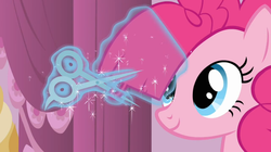 Size: 1050x590 | Tagged: safe, screencap, pinkie pie, g4, it's about time, female, haircut, scissors, solo