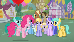 Size: 960x540 | Tagged: safe, screencap, aura (g4), cloud kicker, dinky hooves, doctor whooves, liza doolots, meadow song, minuette, petunia, pinkie pie, sea swirl, seafoam, spring melody, sprinkle medley, sunshower raindrops, time turner, tootsie flute, earth pony, pegasus, pony, unicorn, g4, it's about time, balloon, female, floating, group, male, mare, stallion, then watch her balloons lift her up to the sky