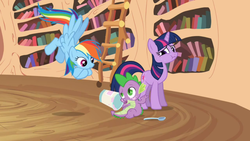 Size: 960x540 | Tagged: safe, screencap, rainbow dash, spike, twilight sparkle, g4, it's about time