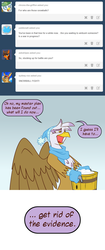 Size: 700x1666 | Tagged: safe, artist:gilded-wings, gilda, griffon, g4, ask, clothes, female, hat, mittens, scarf, snow, snowball, solo, tumblr