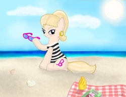 Size: 800x618 | Tagged: safe, artist:flutteryay56, pony, barbie, beach, clothes, glasses, one-piece swimsuit, ponified, solo, sunglasses, swimsuit