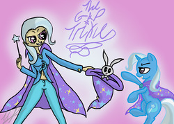 Size: 1280x914 | Tagged: safe, artist:monakaliza, trixie, human, rabbit, g4, bunny out of the hat, gradient background, hat, human ponidox, humanized, light skin, trixie's cape, trixie's hat