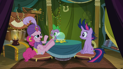 Size: 1366x768 | Tagged: safe, screencap, pinkie pie, spike, twilight sparkle, g4, it's about time