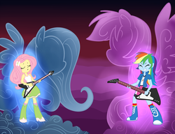 Size: 2000x1533 | Tagged: safe, artist:madmax, fluttershy, rainbow dash, equestria girls, g4, guitar, metalocalypse, musical instrument