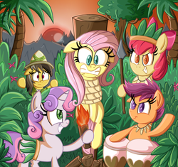 Size: 1200x1128 | Tagged: safe, artist:daniel-sg, apple bloom, daring do, fluttershy, scootaloo, sweetie belle, g4, barbarian, bondage, bongos, burning at the stake, clothes, cutie mark crusaders, drums, execution, flutterbuse, grass skirt, jungle, leaf skirt, lord of the flies, miniskirt, musical instrument, peril, sacrifice, skirt, spear, stake, torch, unsexy bondage, weapon