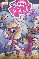 Size: 627x951 | Tagged: safe, artist:agnesgarbowska, idw, applejack, winona, g4, action pose, clothes, comic, costume, cover, jetpack comics, lasso, leaves, mask, superhero