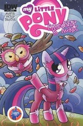 Size: 627x951 | Tagged: safe, artist:agnesgarbowska, idw, owlowiscious, twilight sparkle, owl, g4, action pose, clothes, comic, costume, cover, leaves, pet, superhero