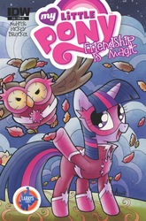 Size: 627x951 | Tagged: safe, artist:agnes garbowska, idw, owlowiscious, twilight sparkle, owl, g4, action pose, clothes, comic, costume, cover, leaves, pet, superhero