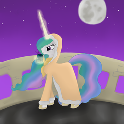 Size: 4392x4392 | Tagged: safe, artist:kaleysia, princess celestia, alicorn, pony, g4, absurd resolution, balcony, cloak, clothes, female, magic, moon, mug, scarf, solo