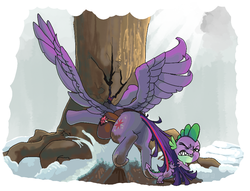 Size: 897x686 | Tagged: safe, artist:idrawweeklypony, spike, twilight sparkle, alicorn, pony, g4, crash, crash landing, crashlight, dirty, female, mare, saddle bag, snow, stuck, tail pull, tree, twilight can't fly, twilight sparkle (alicorn)