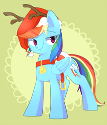 Size: 765x900 | Tagged: dead source, safe, artist:sion, rainbow dash, g4, bell, bell collar, collar, female, hat, reindeer antlers, saddle, santa hat, solo