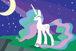 Size: 1024x683 | Tagged: safe, artist:dr-whiskey, princess celestia, alicorn, pony, g4, eyes closed, female, mare, missing accessory, moon, night, smiling, solo