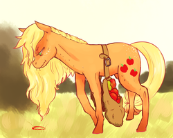 Size: 1000x800 | Tagged: safe, artist:umbri-girl, applejack, earth pony, pony, g4, alternate hairstyle, apple, female, loose hair, mare, saddle bag, solo, sweat, tired