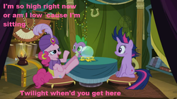 Size: 960x540 | Tagged: safe, pinkie pie, spike, twilight sparkle, g4, caption, pink text