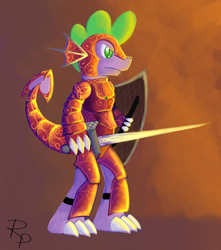 Size: 1500x1700 | Tagged: safe, artist:ruberphoenix, spike, g4, armor, dark ages, dragon knight, epic, epic spike, handsome, knight, male, older, older spike, shield, solo, sword