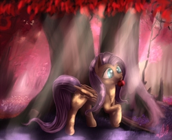 Size: 1100x893 | Tagged: safe, artist:miokomata, fluttershy, g4, apple, crepuscular rays, female, mouth hold, raised hoof, solo, tree