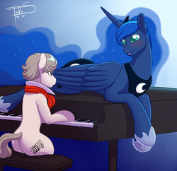 Size: 900x870 | Tagged: safe, artist:freckles, princess luna, oc, earth pony, pony, g4, blushing, collar, cravat, cute, ludwig van beethoven, lying, lying down, music, musical instrument, neckerchief, performance, piano, prone, sitting, smiling