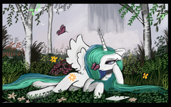 Size: 9720x6120 | Tagged: safe, artist:auroriia, princess celestia, alicorn, butterfly, pony, g4, absurd resolution, female, freckles, leaning, nature, prone, scenery, smiling, solo, spread wings