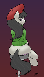 Size: 1104x1920 | Tagged: safe, artist:miketheuser, artist:muh-arts, edit, octavia melody, earth pony, pony, g4, bedroom eyes, butt, clothes, colored, female, hat, plot, plot rest, simple background, sitting, solo, sweater, treblebutt