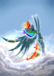 Size: 4869x6887 | Tagged: safe, artist:zodiacnicola, rainbow dash, g4, absurd resolution, cloud, cloudy, female, flying, solo