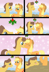 Size: 1186x1733 | Tagged: safe, artist:ojos-color-bosque, applejack, caramel, earth pony, pony, g4, comic, faint, female, holly, holly mistaken for mistletoe, kissing, male, ship:carajack, shipping, stallion, straight