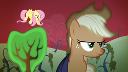 Size: 1920x1080 | Tagged: safe, screencap, applejack, fluttershy, pony, bats!, g4, season 4, applejack is not amused, red sky, stop the bats, unamused