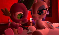 Size: 640x382 | Tagged: safe, anonymous artist, rarity, spike, dragon, pony, g4, 3d, assistant, bed, cute, female, gmod, hoof polish, hooficure, makeup, male, mare, nail polish, ship:sparity, shipping, straight