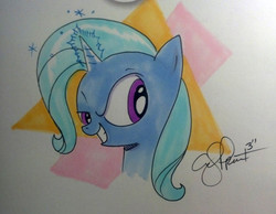 Size: 1280x995 | Tagged: safe, artist:andypriceart, trixie, pony, unicorn, g4, abstract background, adventure in the comments, bust, dreamworks face, female, get, gif party, glowing horn, grin, horn, index get, magic, mare, party in the comments, raised eyebrow, smiling, smirk, solo, sparkles, traditional art, x00000 milestone