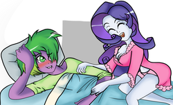 Size: 730x446 | Tagged: safe, artist:equestriagurl77, rarity, spike, equestria girls, g4, belly button, breasts, busty rarity, clothes, dress, female, human spike, male, ship:sparity, shipping, straight